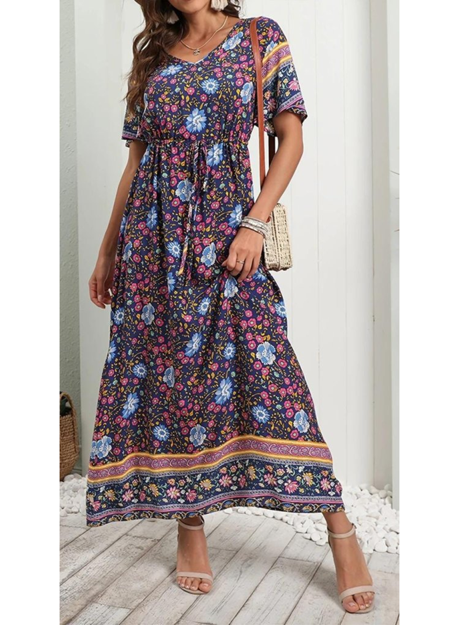 Kadın Kısa Kollu Beli Lastikli çiçek Desen Tam Boy Elbise