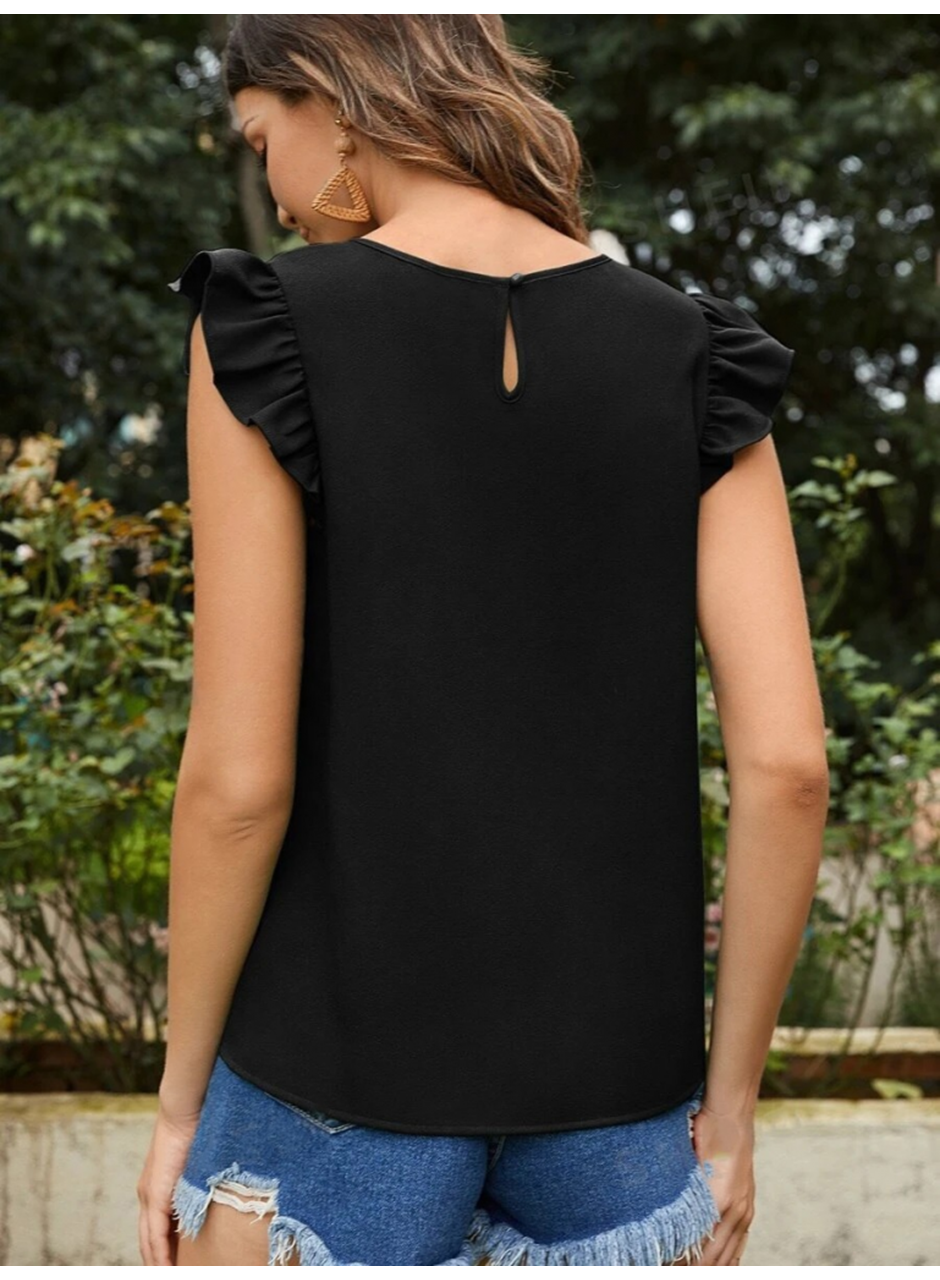 Kadın Yuvarlak Yaka Kolları Fırfırlı Krep Bluz