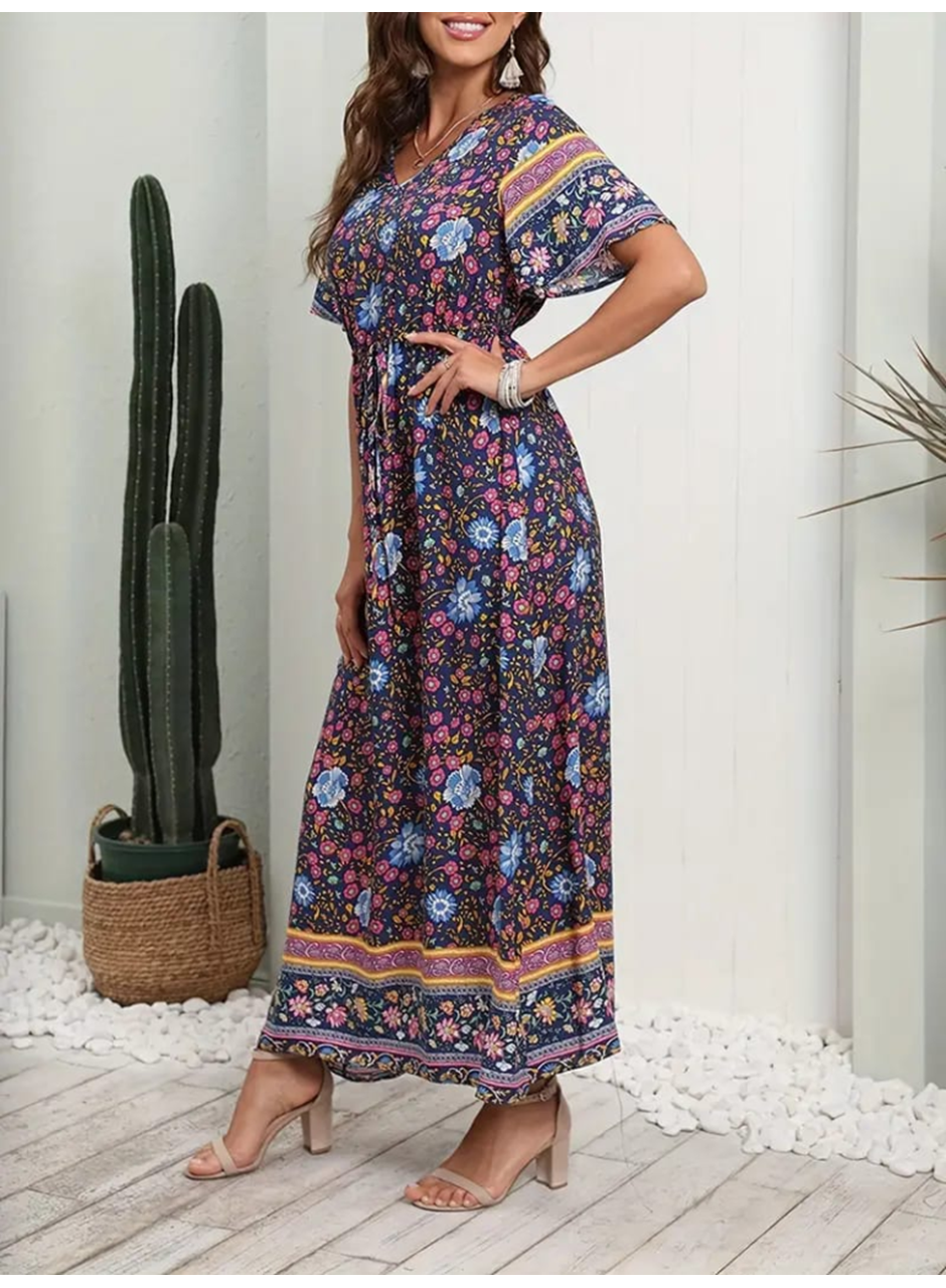 Kadın Kısa Kollu Beli Lastikli çiçek Desen Tam Boy Elbise