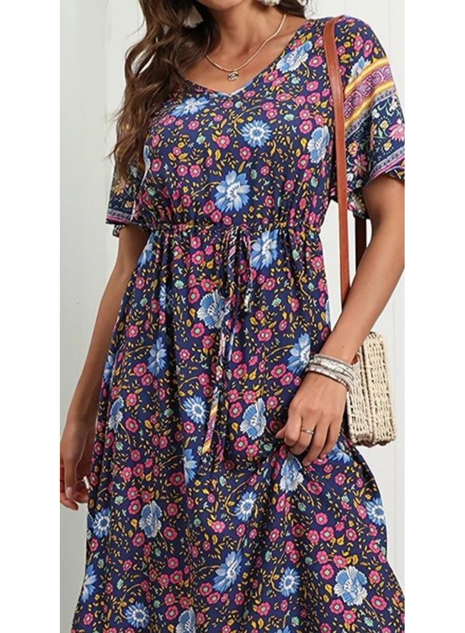 Kadın Kısa Kollu Beli Lastikli çiçek Desen Tam Boy Elbise