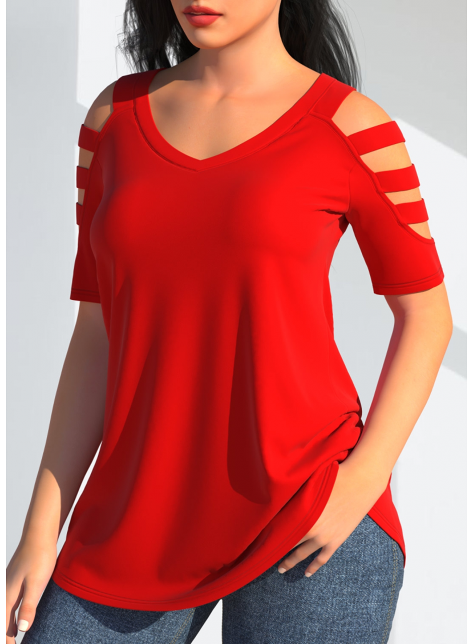 Kadın Kısa Kollu Kollar şerit Detay V Yaka Viskon Bluz