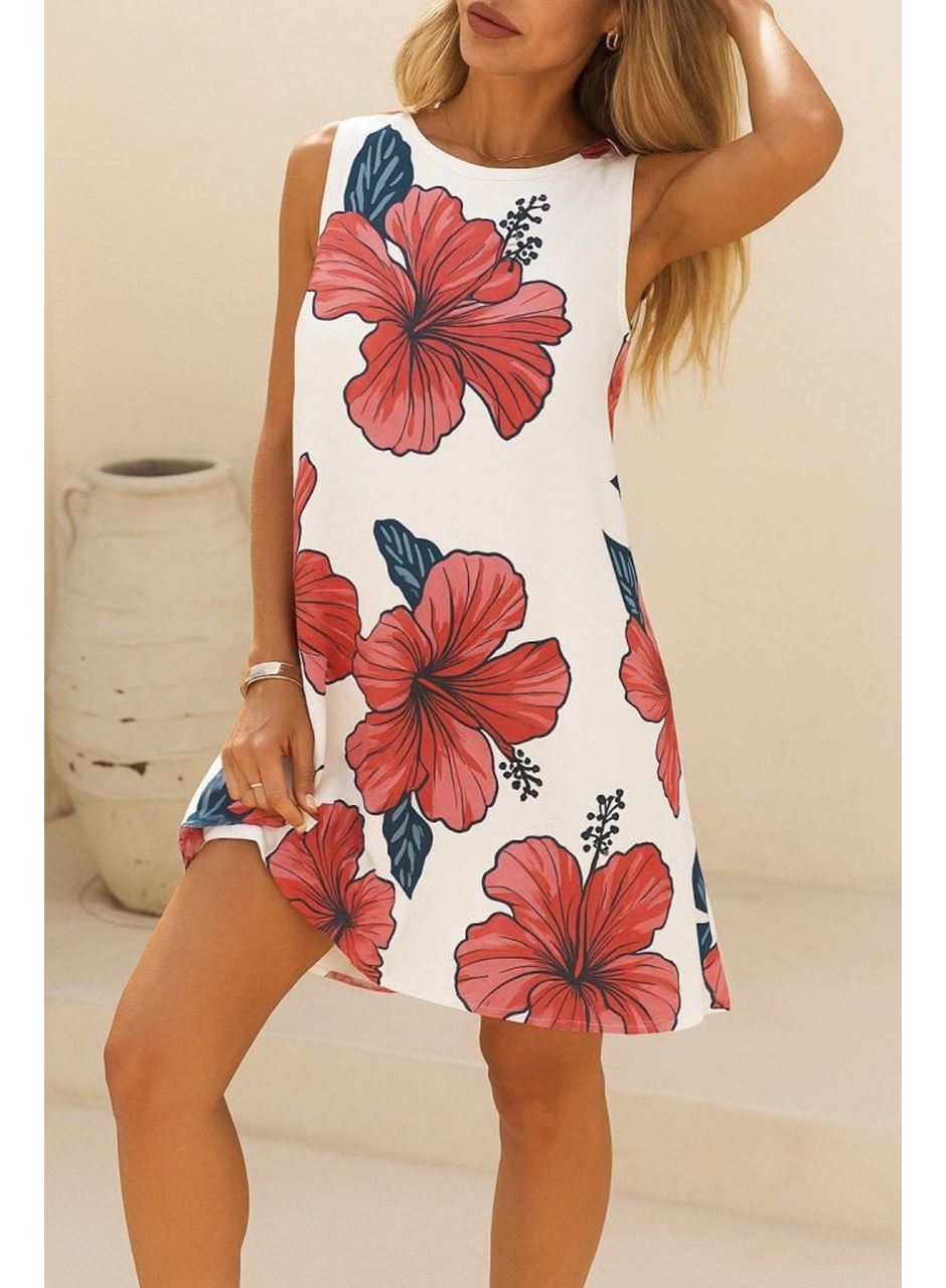 Kadın Sıfır Kol Sırttan Bağlamalı Fırfırlı çiçek Desenli Süprem Elbise