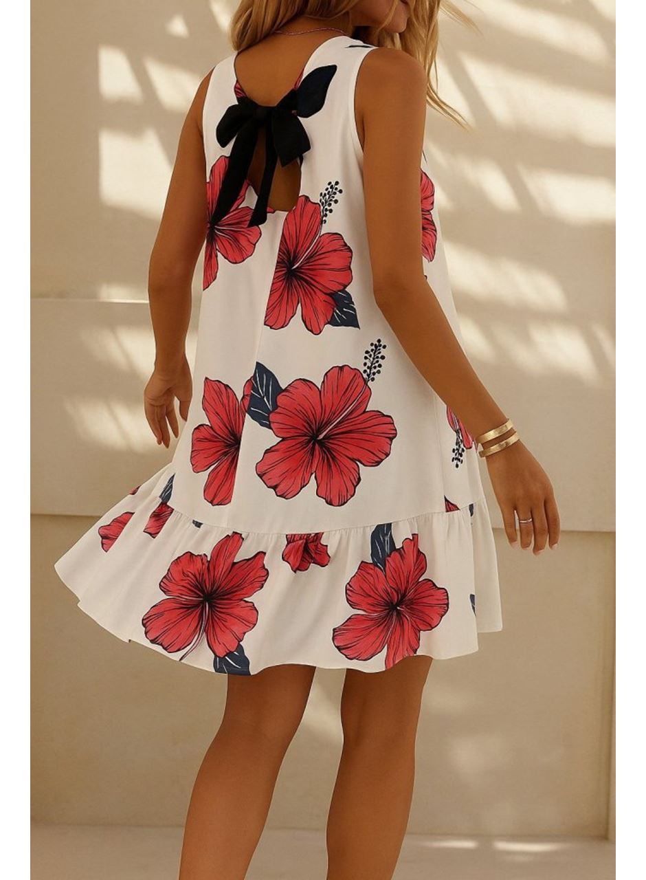 Kadın Sıfır Kol Sırttan Bağlamalı Fırfırlı çiçek Desenli Süprem Elbise