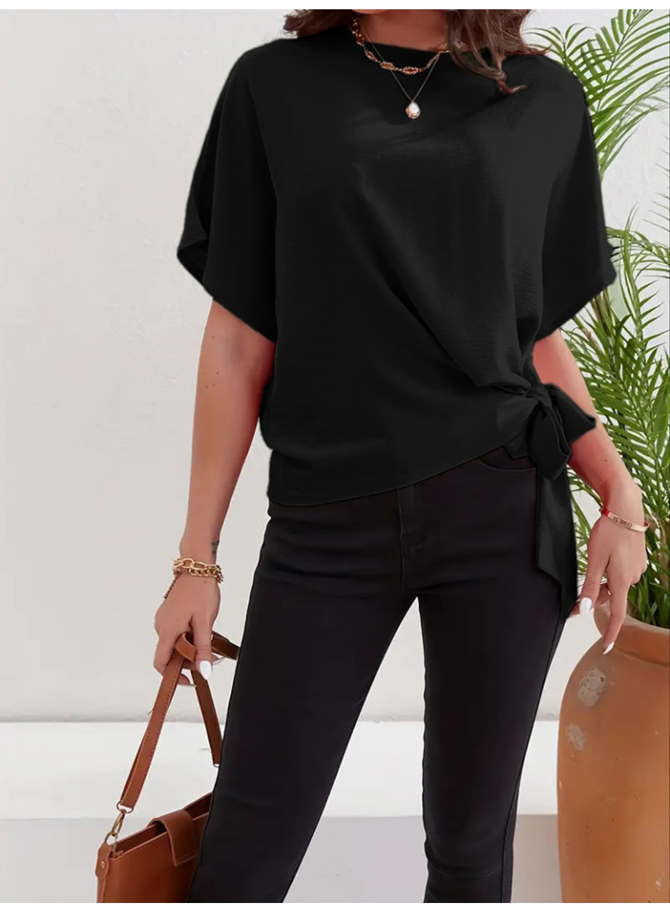 Kadın Kısa Kollu Bisiklet Yaka Yandan Bağlamalı Aerobin Bluz