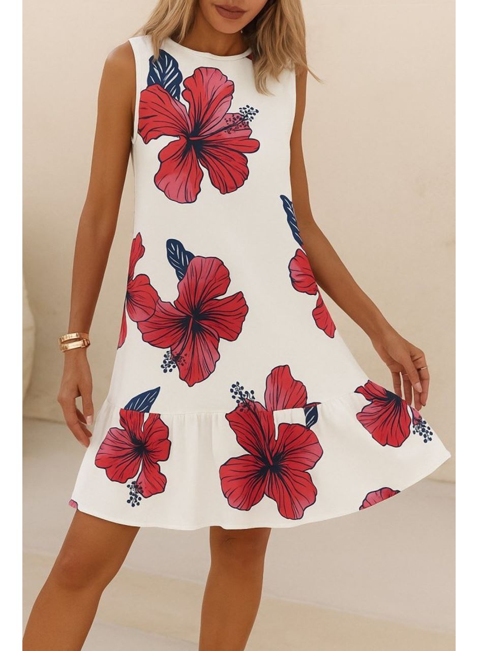 Kadın Sıfır Kol Sırttan Bağlamalı Fırfırlı çiçek Desenli Süprem Elbise