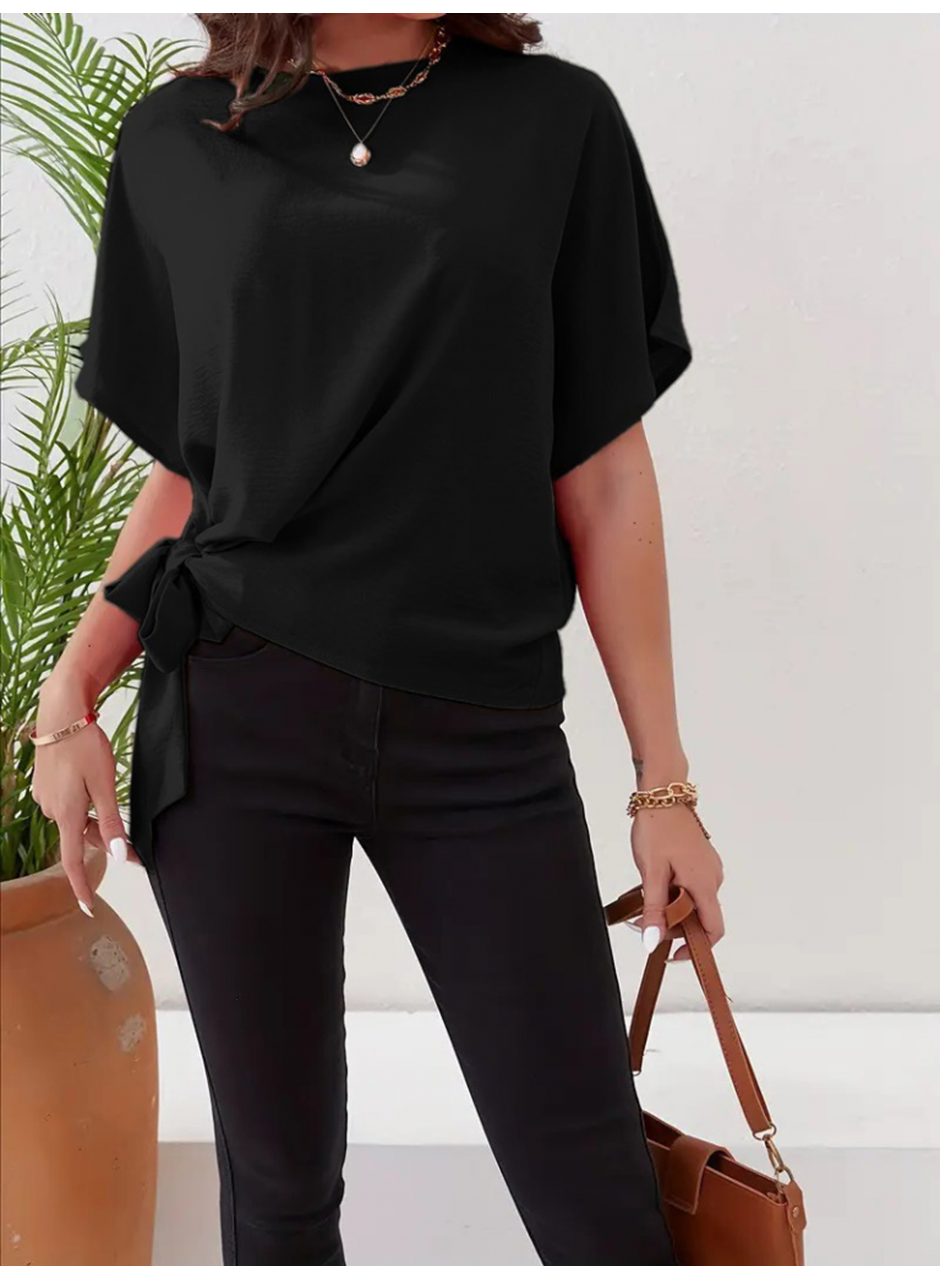 Kadın Kısa Kollu Bisiklet Yaka Yandan Bağlamalı Aerobin Bluz