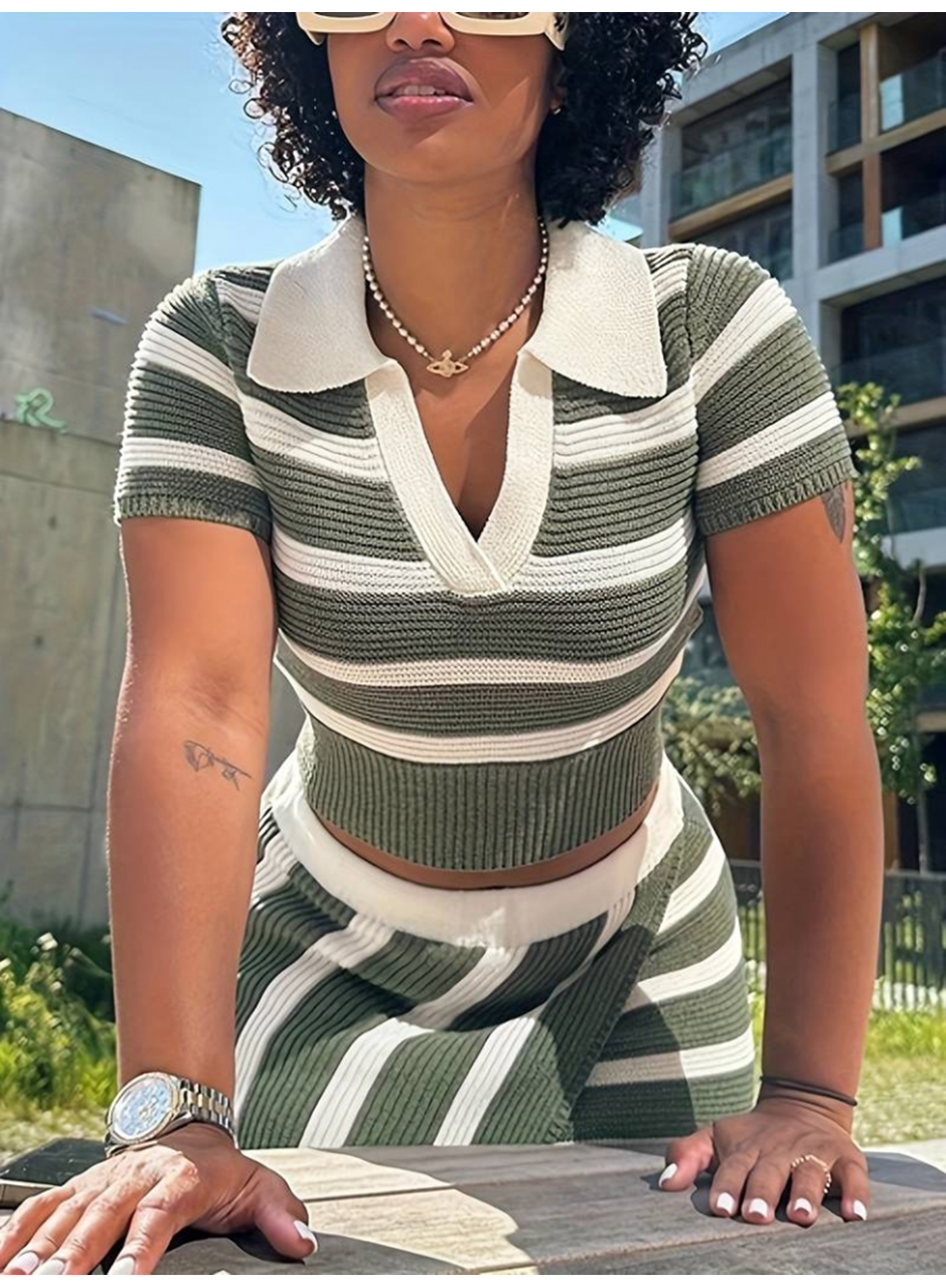 Kadın Kısa Kollu Polo Yaka Crop Asimetrik Mini Triko Etek Ikili Takım