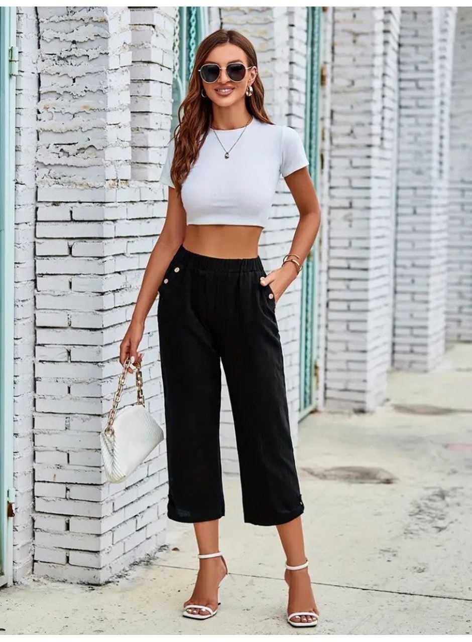 Kadın Beli Lastikli Düğme Ve Cep Detaylı Kapri Ithal Keten Pantolon