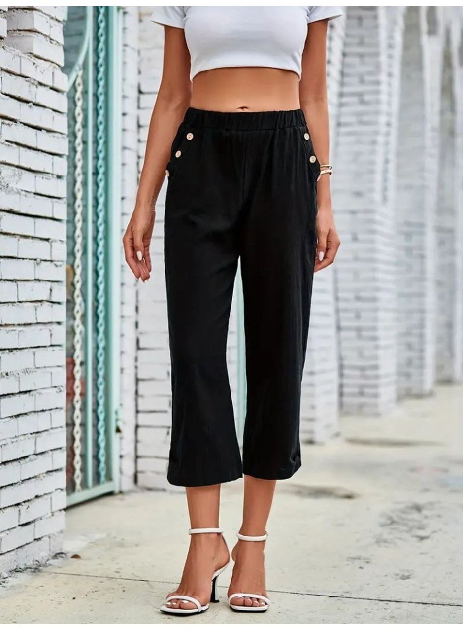 Kadın Beli Lastikli Düğme Ve Cep Detaylı Kapri Ithal Keten Pantolon
