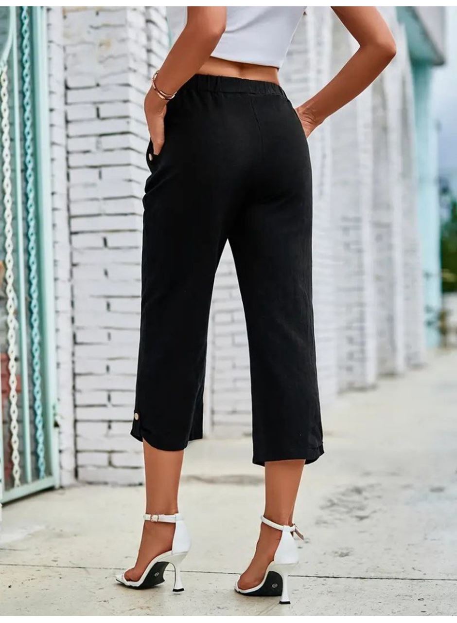 Kadın Beli Lastikli Düğme Ve Cep Detaylı Kapri Ithal Keten Pantolon