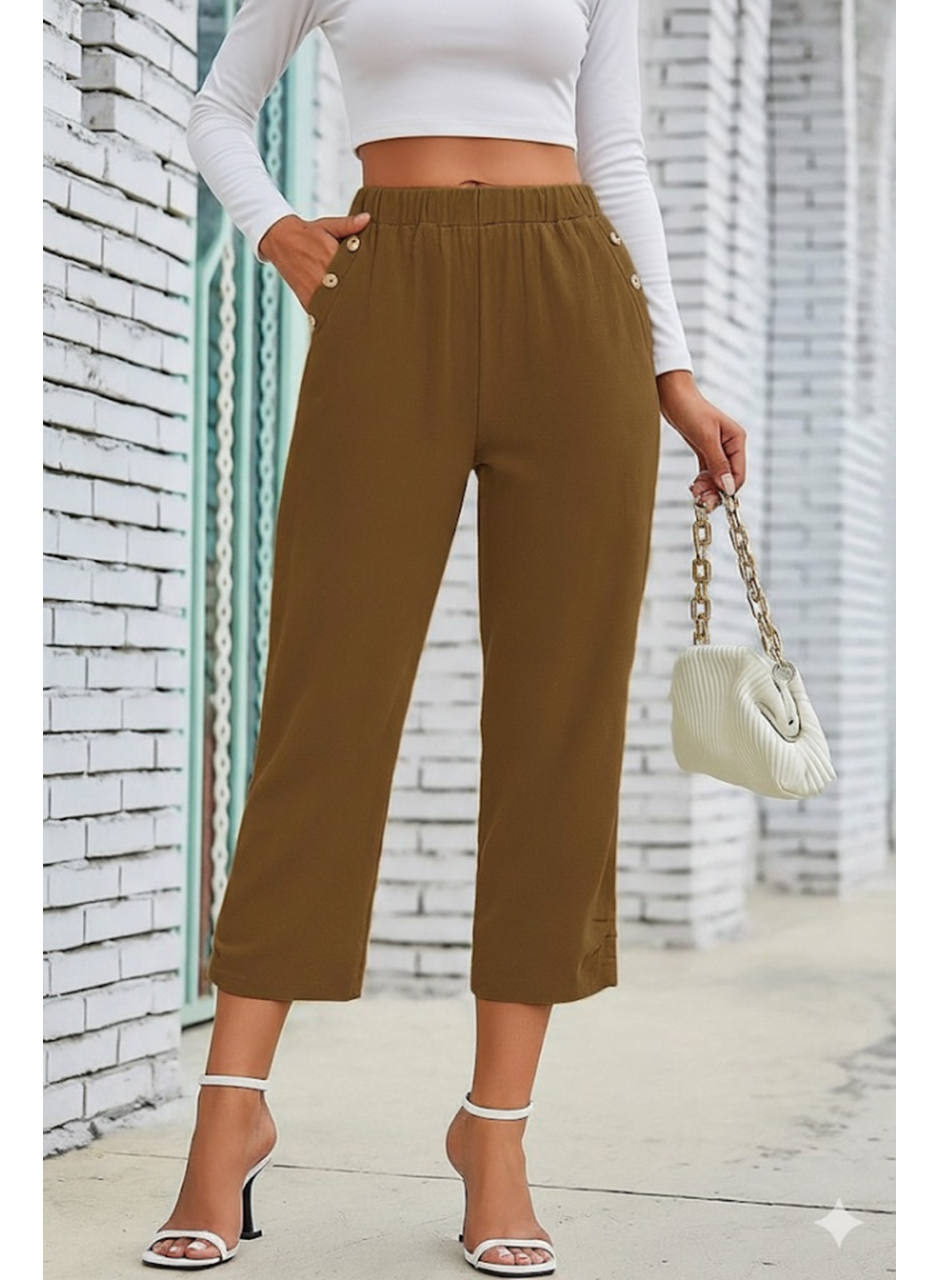 Kadın Beli Lastikli Düğme Ve Cep Detaylı Kapri Ithal Keten Pantolon