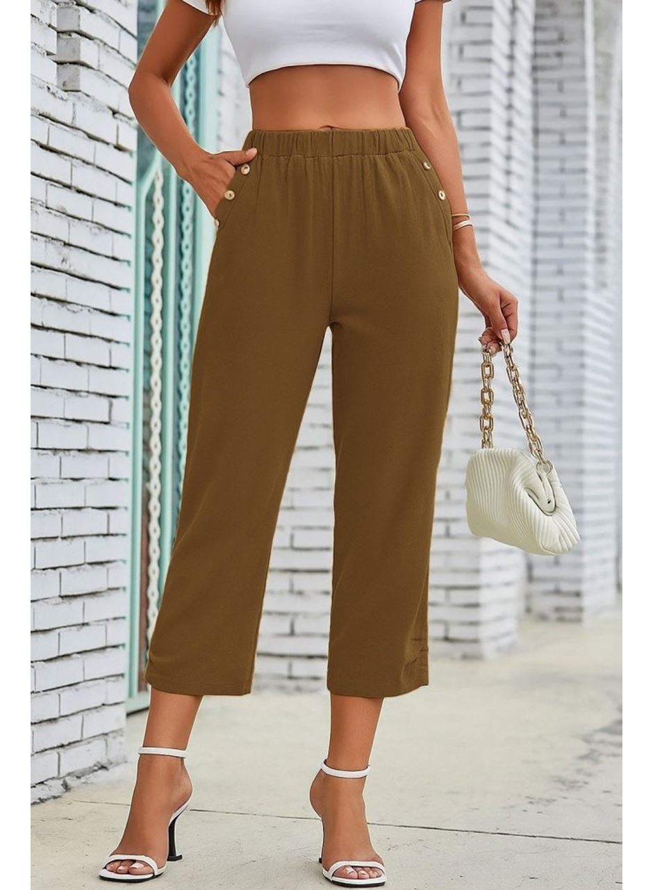 Kadın Beli Lastikli Düğme Ve Cep Detaylı Kapri Ithal Keten Pantolon
