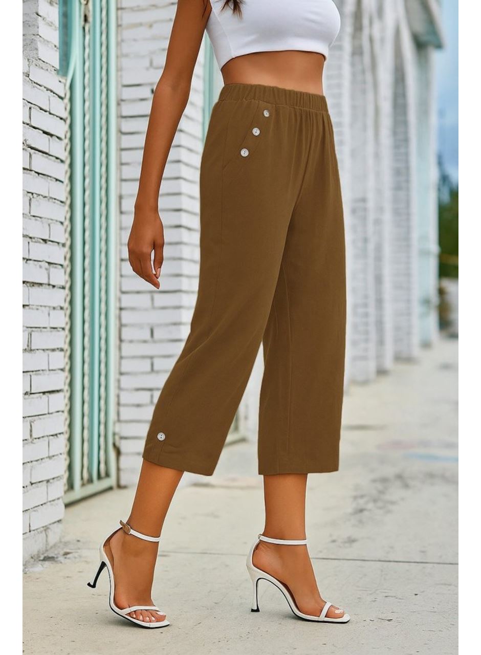 Kadın Beli Lastikli Düğme Ve Cep Detaylı Kapri Ithal Keten Pantolon