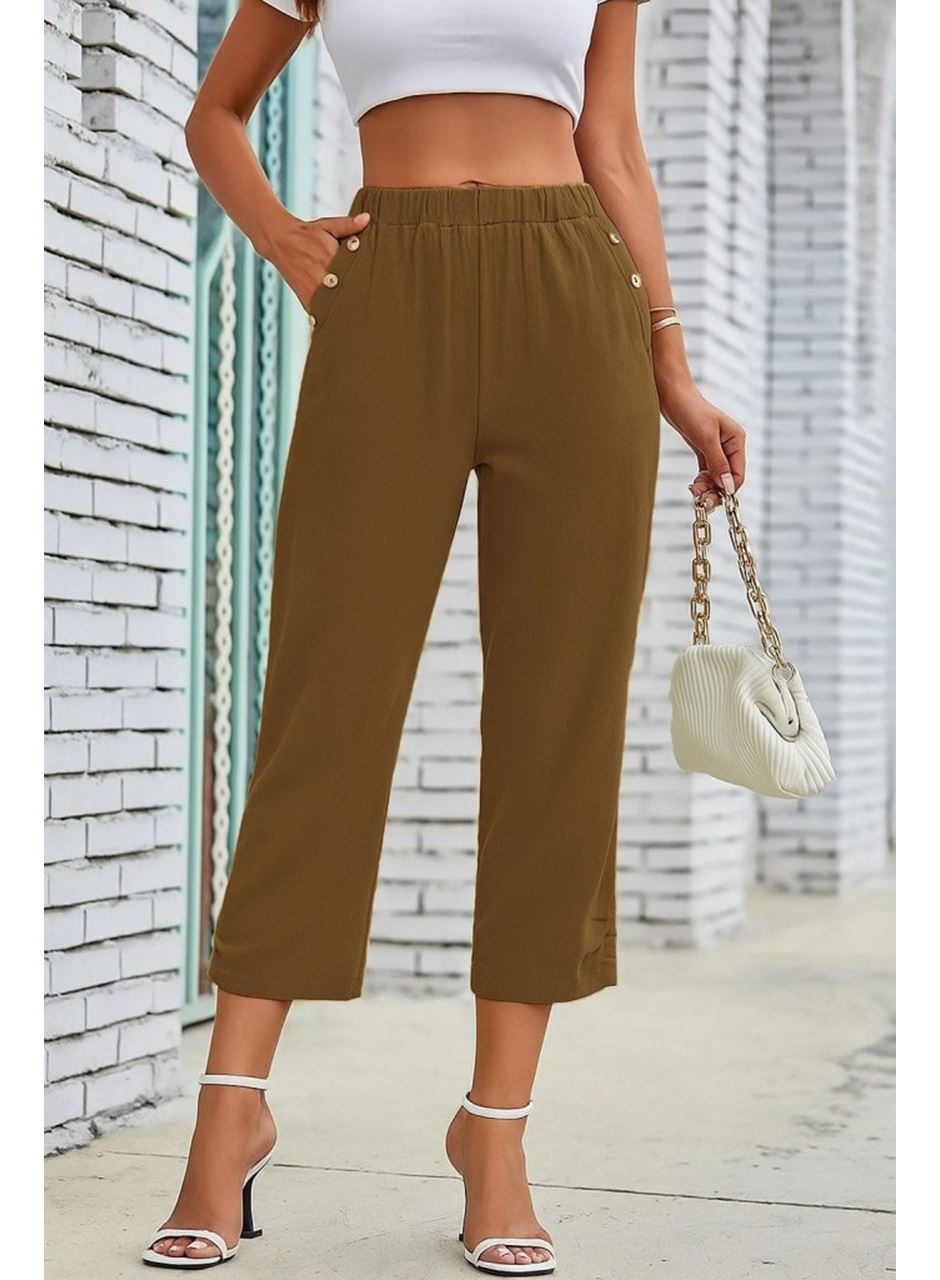 Kadın Beli Lastikli Düğme Ve Cep Detaylı Kapri Ithal Keten Pantolon