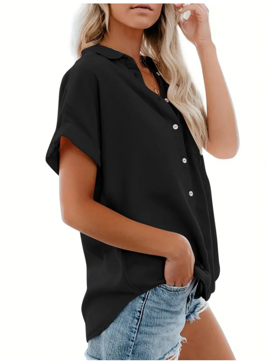 Kadın Kısa Kollu V Yakalı önden Düğmeli Dokuma Gömlek
