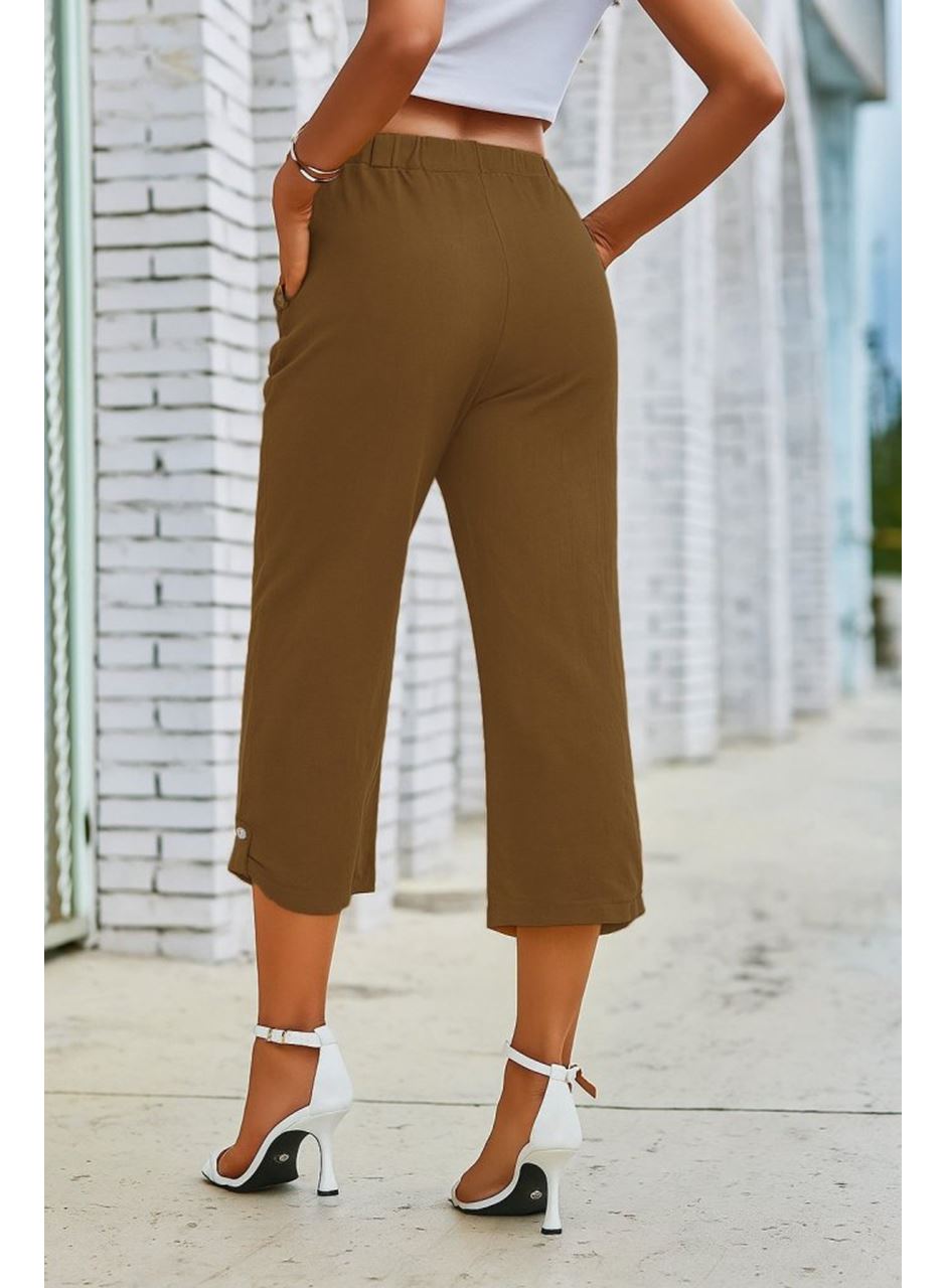 Kadın Beli Lastikli Düğme Ve Cep Detaylı Kapri Ithal Keten Pantolon