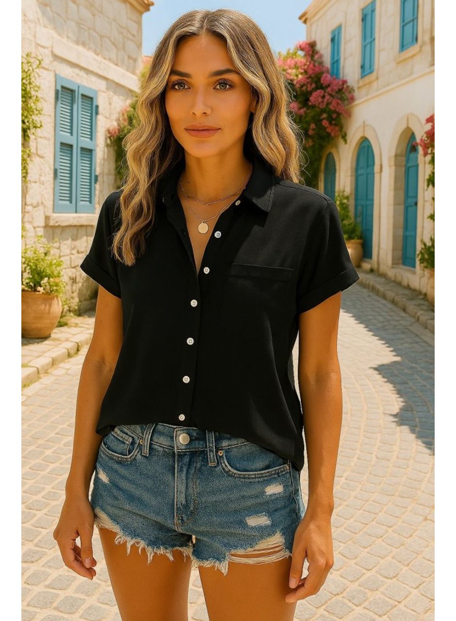 Kadın Kısa Kollu V Yakalı önden Düğmeli Dokuma Gömlek