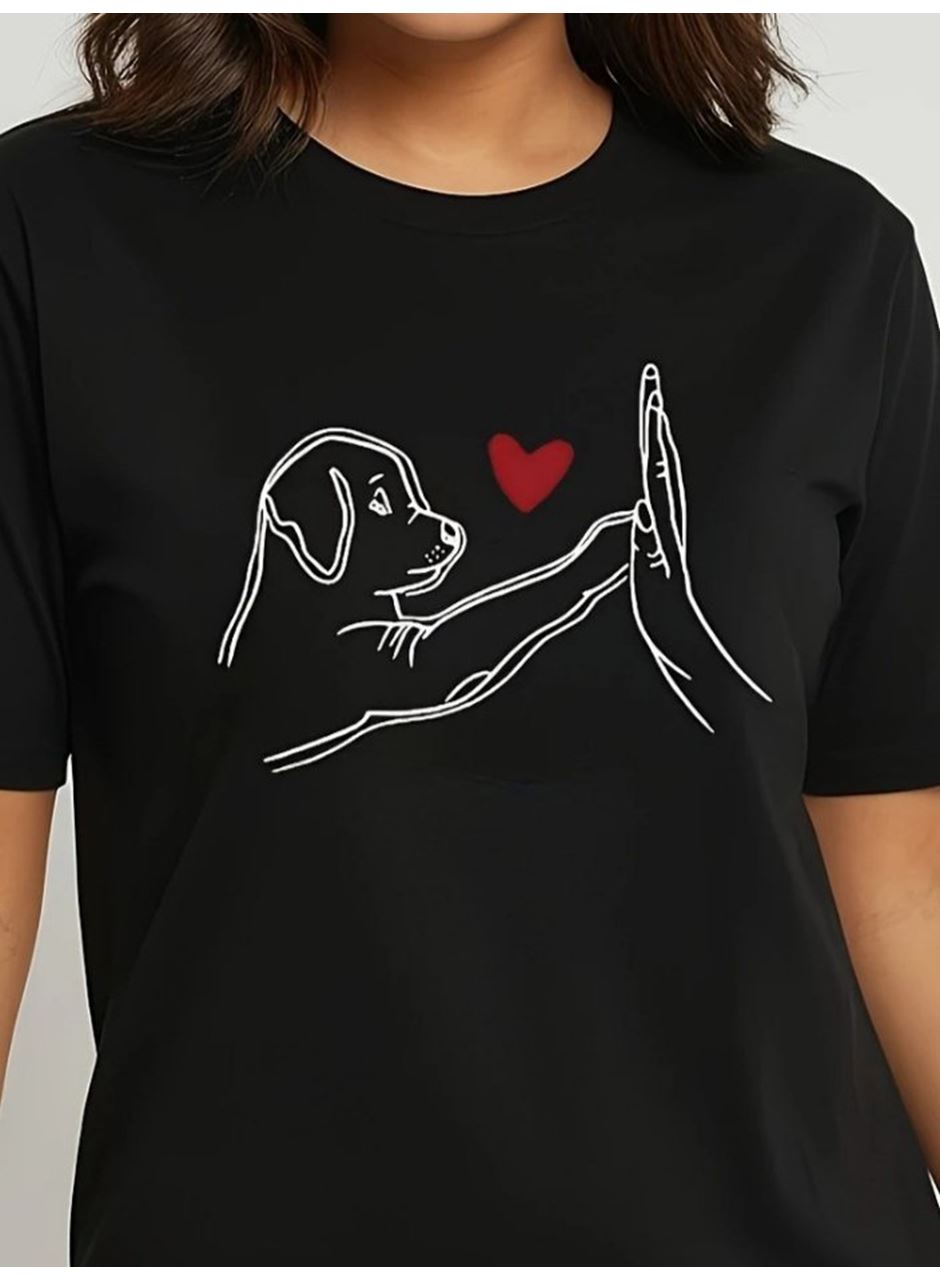 Kadın Kısa Kollu Bisiklet Yaka Köpek Baskılı Viskon Bluz