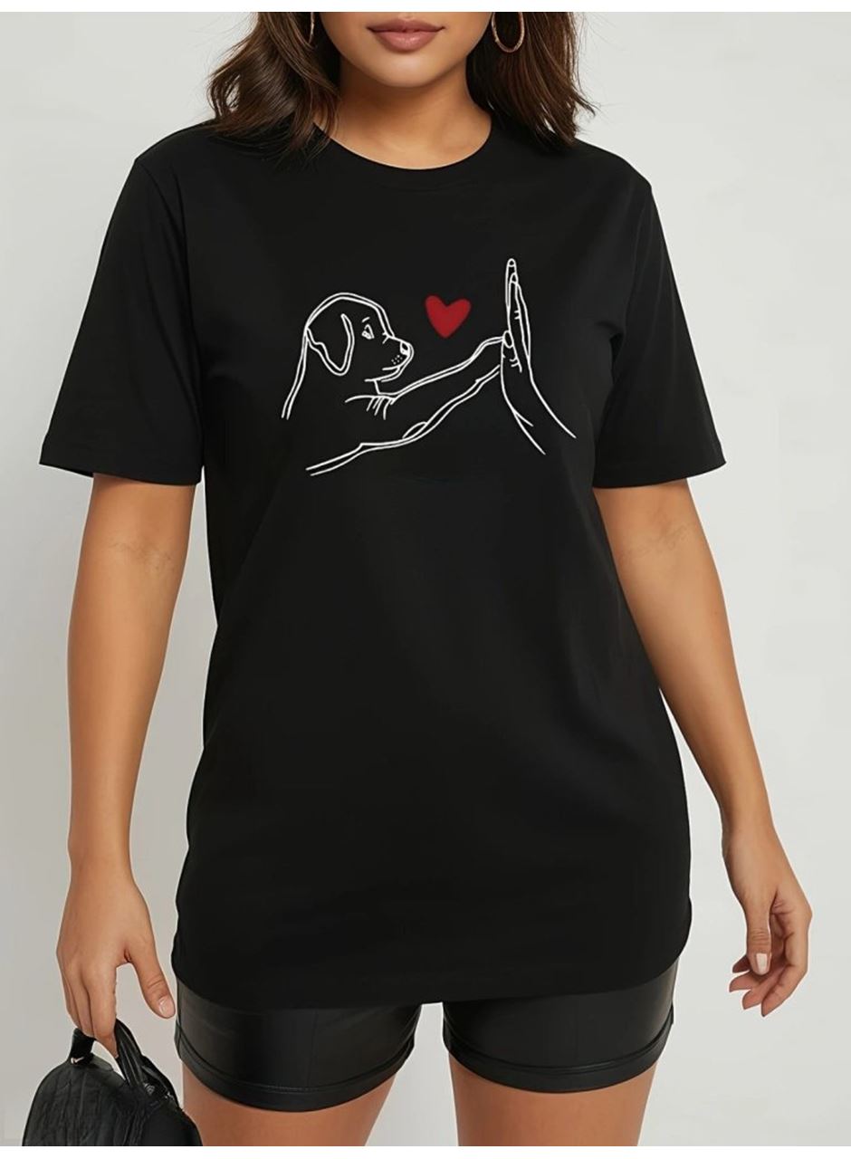 Kadın Kısa Kollu Bisiklet Yaka Köpek Baskılı Viskon Bluz