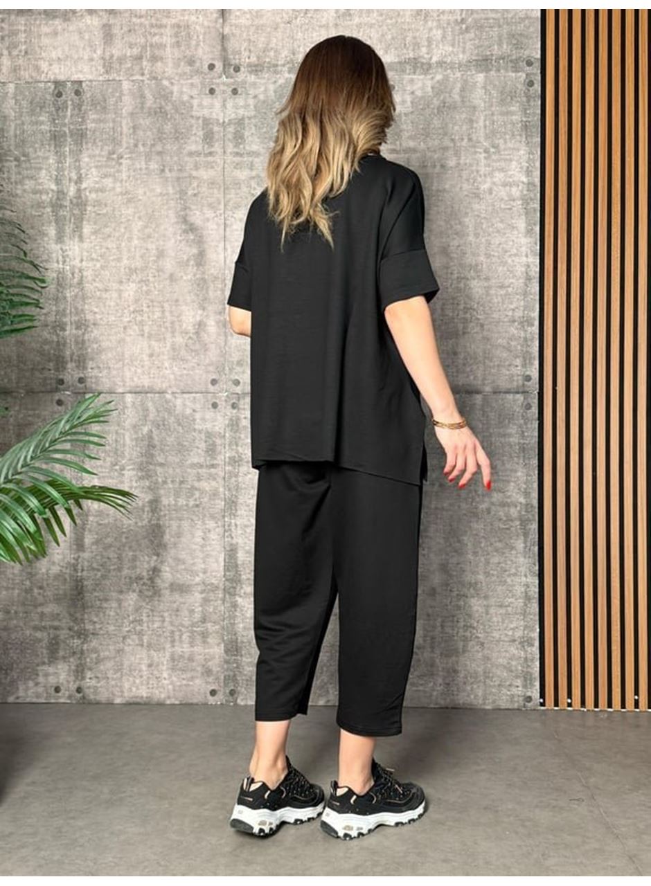 Kadın Kısa Kollu Bisiklet Yaka Viskon Iki Iplik Bluz Ve Pantolon Ikili Takım