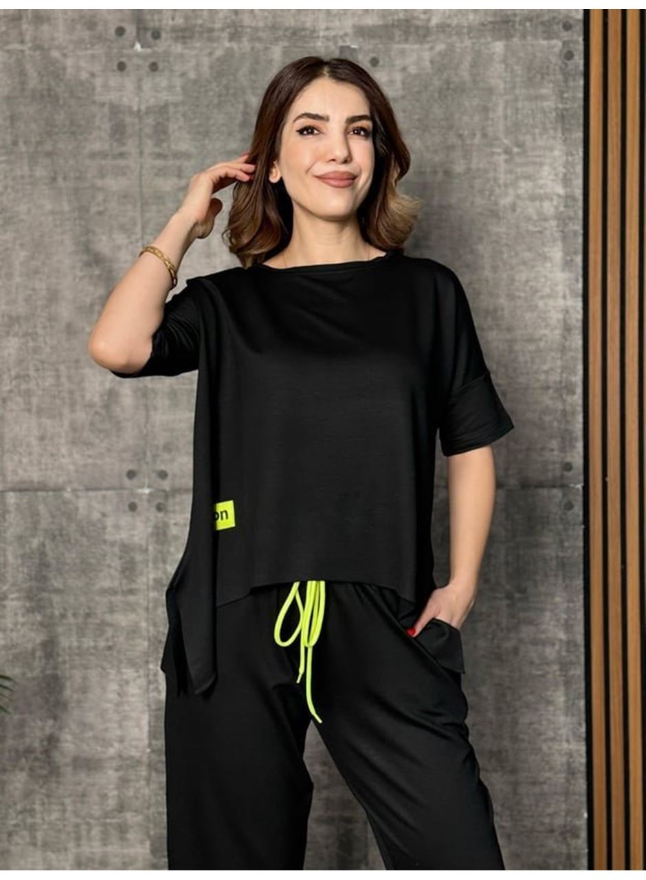 Kadın Kısa Kollu Bisiklet Yaka Viskon Iki Iplik Bluz Ve Pantolon Ikili Takım