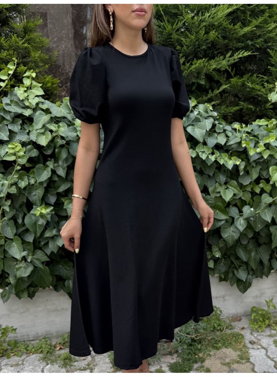 Kadın Kısa Balon Kollu Bisiklet Yaka Geniş Kesim Janjan Krep Elbise