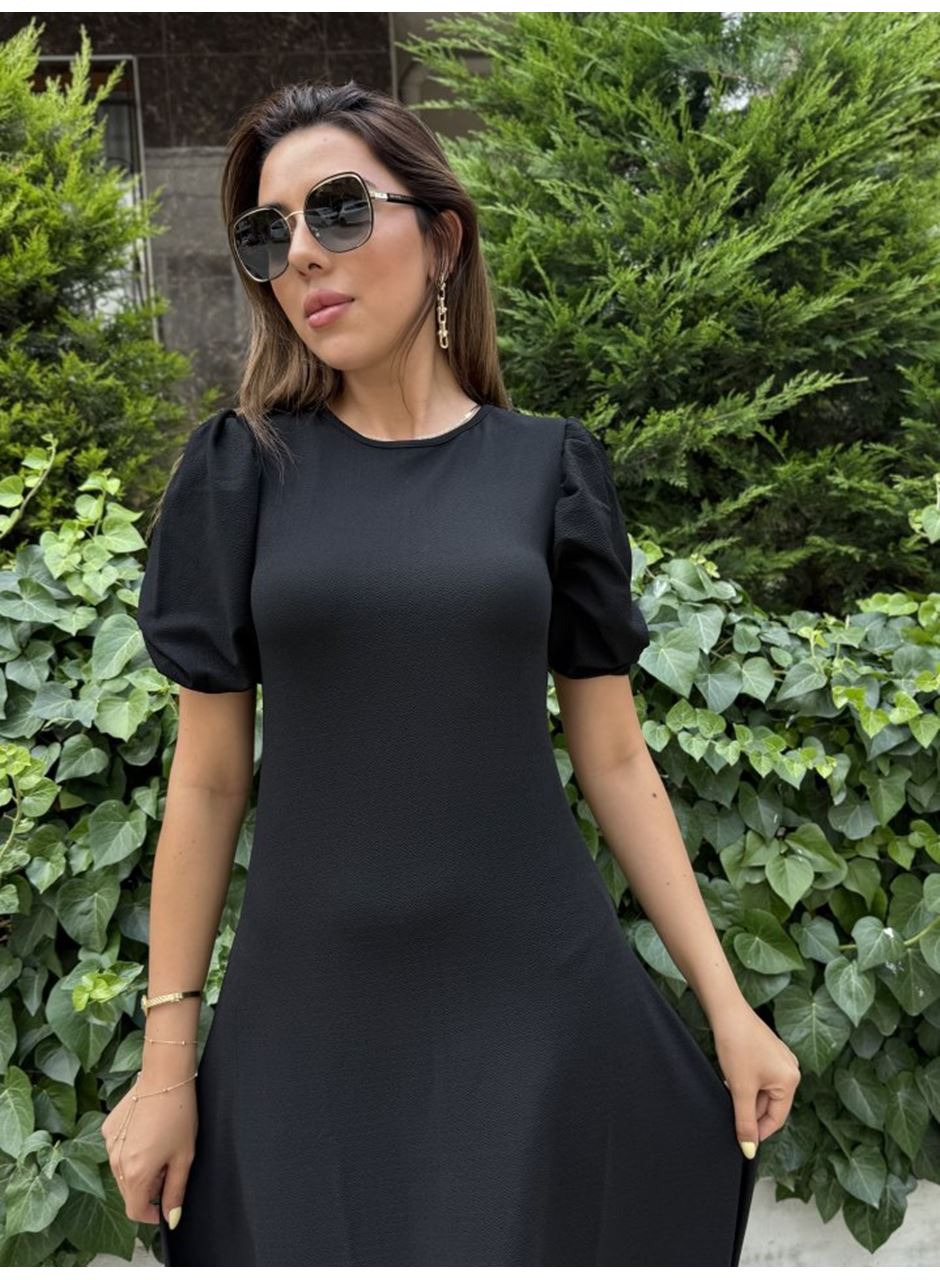 Kadın Kısa Balon Kollu Bisiklet Yaka Geniş Kesim Janjan Krep Elbise