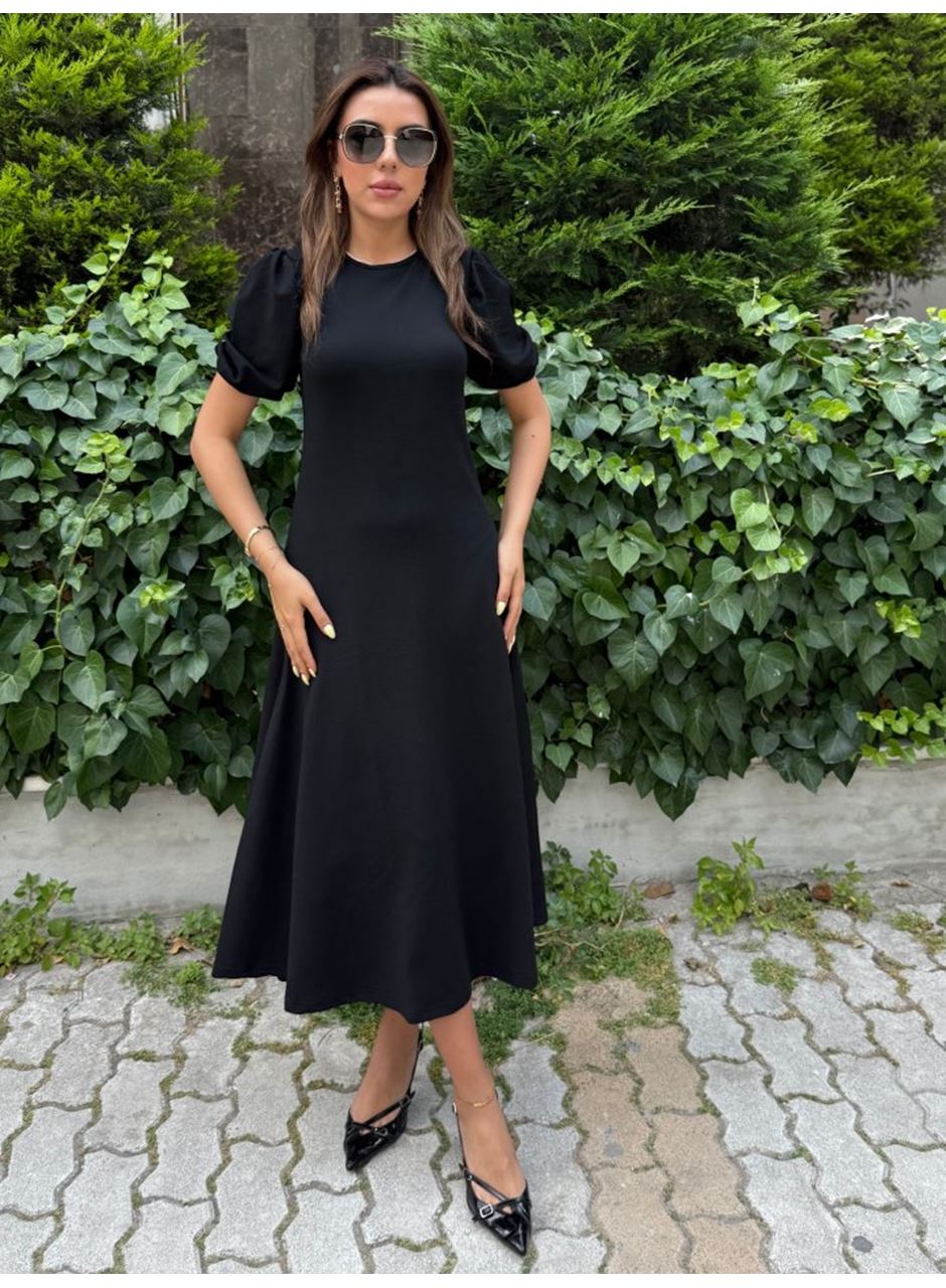 Kadın Kısa Balon Kollu Bisiklet Yaka Geniş Kesim Janjan Krep Elbise