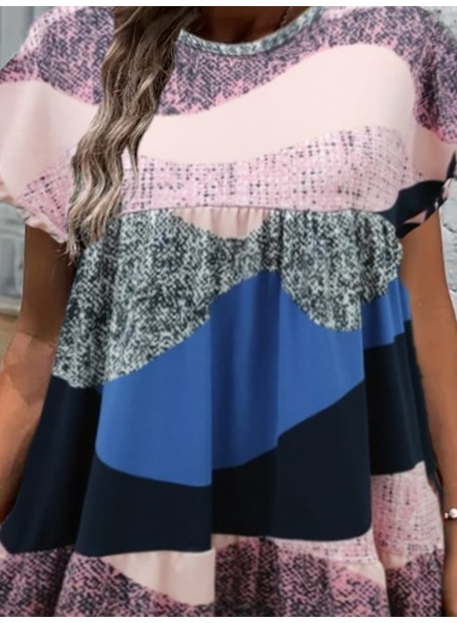 Kadın Kısa Kollu Bisiklet Yaka Kare Desenli Dalgıç Elbise