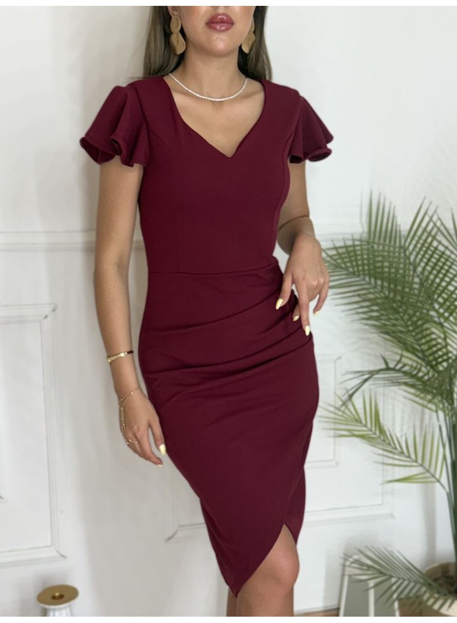 QKadın Kısa Kollu Kalp Yaka Yanlardan Büzgü Detay Midi Janjan Krep Elbise
