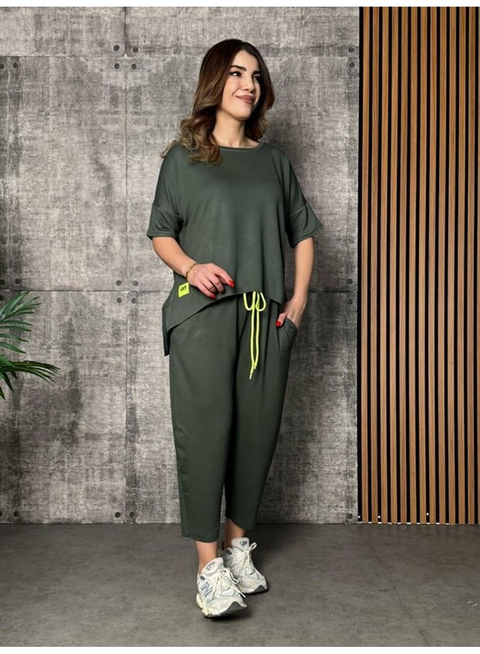 Kadın Kısa Kollu Bisiklet Yaka Viskon Iki Iplik Bluz Ve Pantolon Ikili Takım