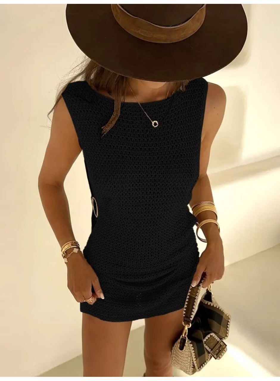 Kadın Sıfır Kol Yanlardan Halka Toka Detaylı Triko Plaj Elbisesi