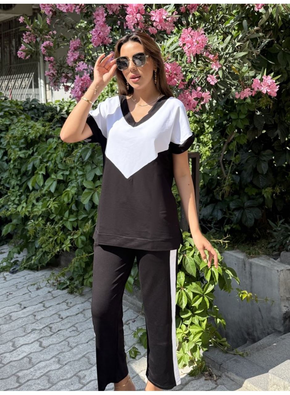 Kadın Kısa Kollu V Yaka Siyah Beyaz Renkli Viskon Iki Iplik Kumaş Eşofman Takımı
