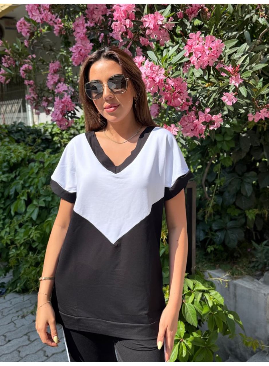 Kadın Kısa Kollu V Yaka Siyah Beyaz Renkli Viskon Iki Iplik Kumaş Eşofman Takımı