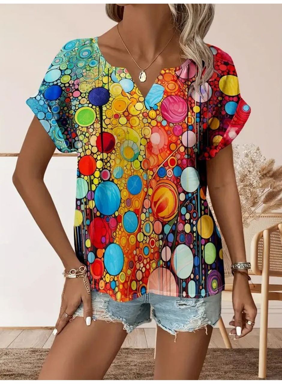 Kadın Kısa Kollu V Yakalı Desenli Süprem Bluz