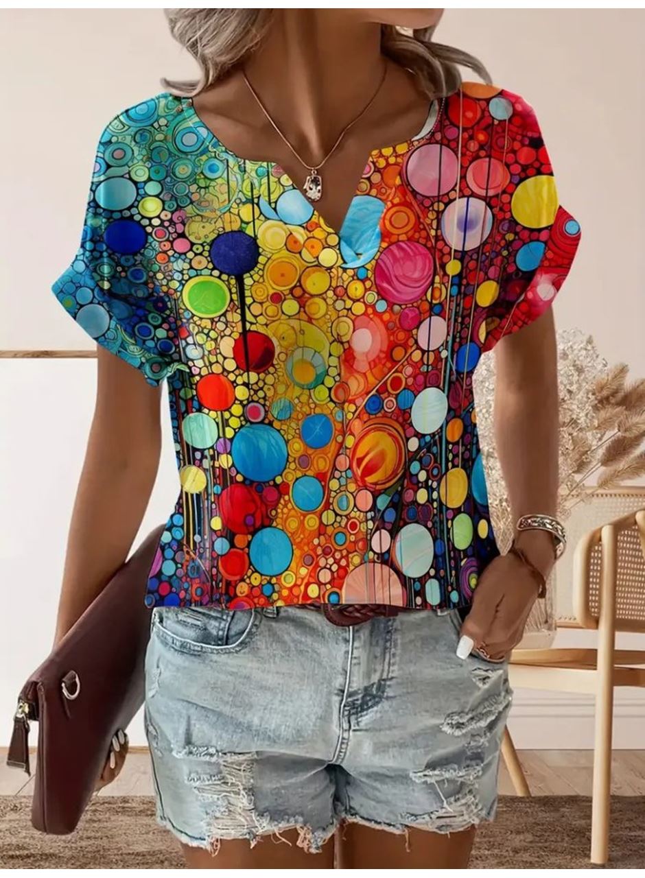 Kadın Kısa Kollu V Yakalı Desenli Süprem Bluz