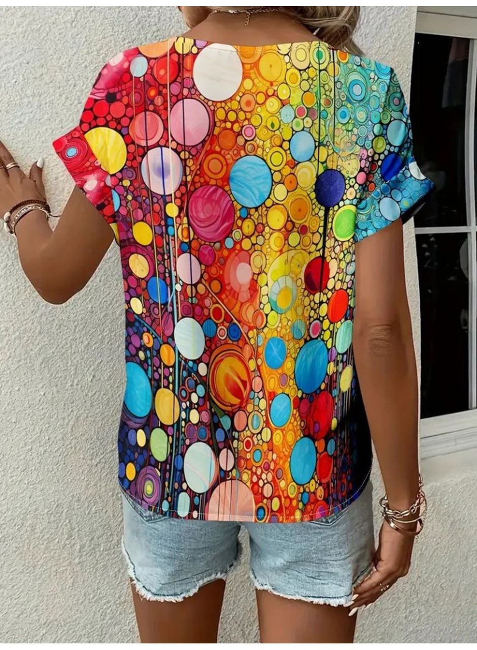 Kadın Kısa Kollu V Yakalı Desenli Süprem Bluz