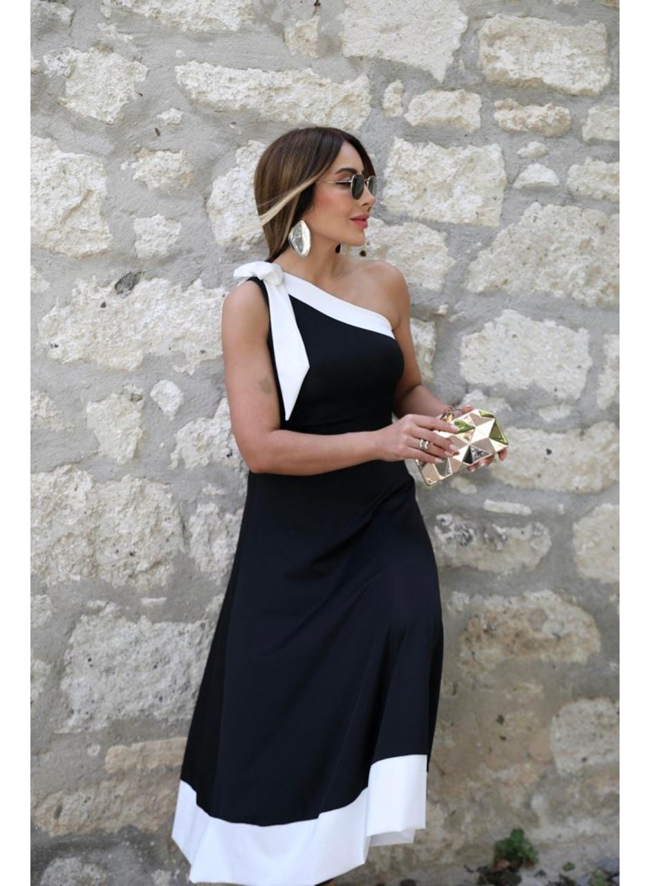 Kadın Tek Omuzu Açık Omuzlardan Kurdela Detaylı çift Renkli Ithal Krep Elbise