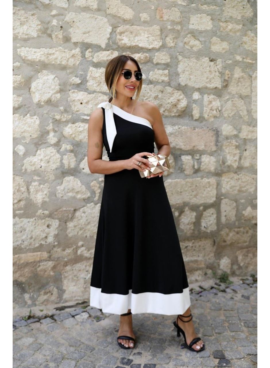 Kadın Tek Omuzu Açık Omuzlardan Kurdela Detaylı çift Renkli Ithal Krep Elbise