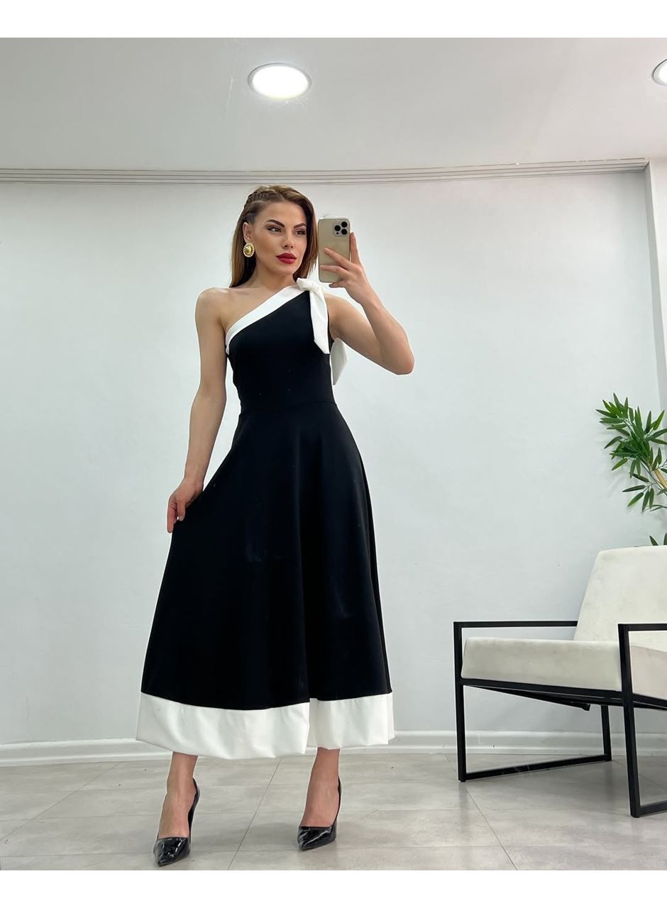 Kadın Tek Omuzu Açık Omuzlardan Kurdela Detaylı çift Renkli Ithal Krep Elbise