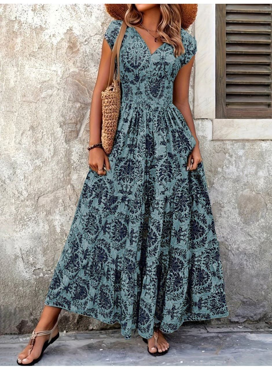 Kadın Kısa Kollu Kruvaze Yaka Beli Lastikli Süprem Maksi Boy Elbise