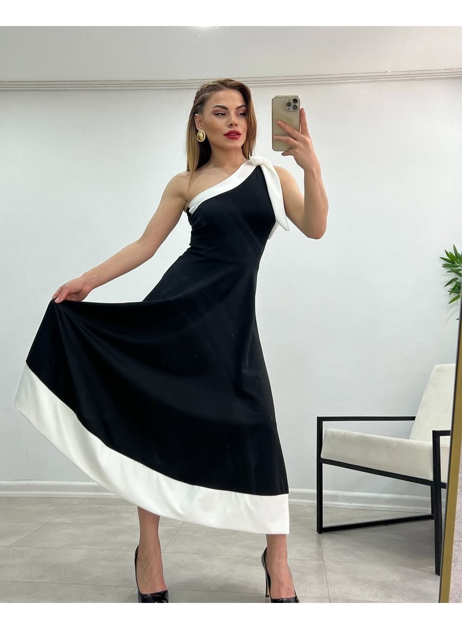 Kadın Tek Omuzu Açık Omuzlardan Kurdela Detaylı çift Renkli Ithal Krep Elbise