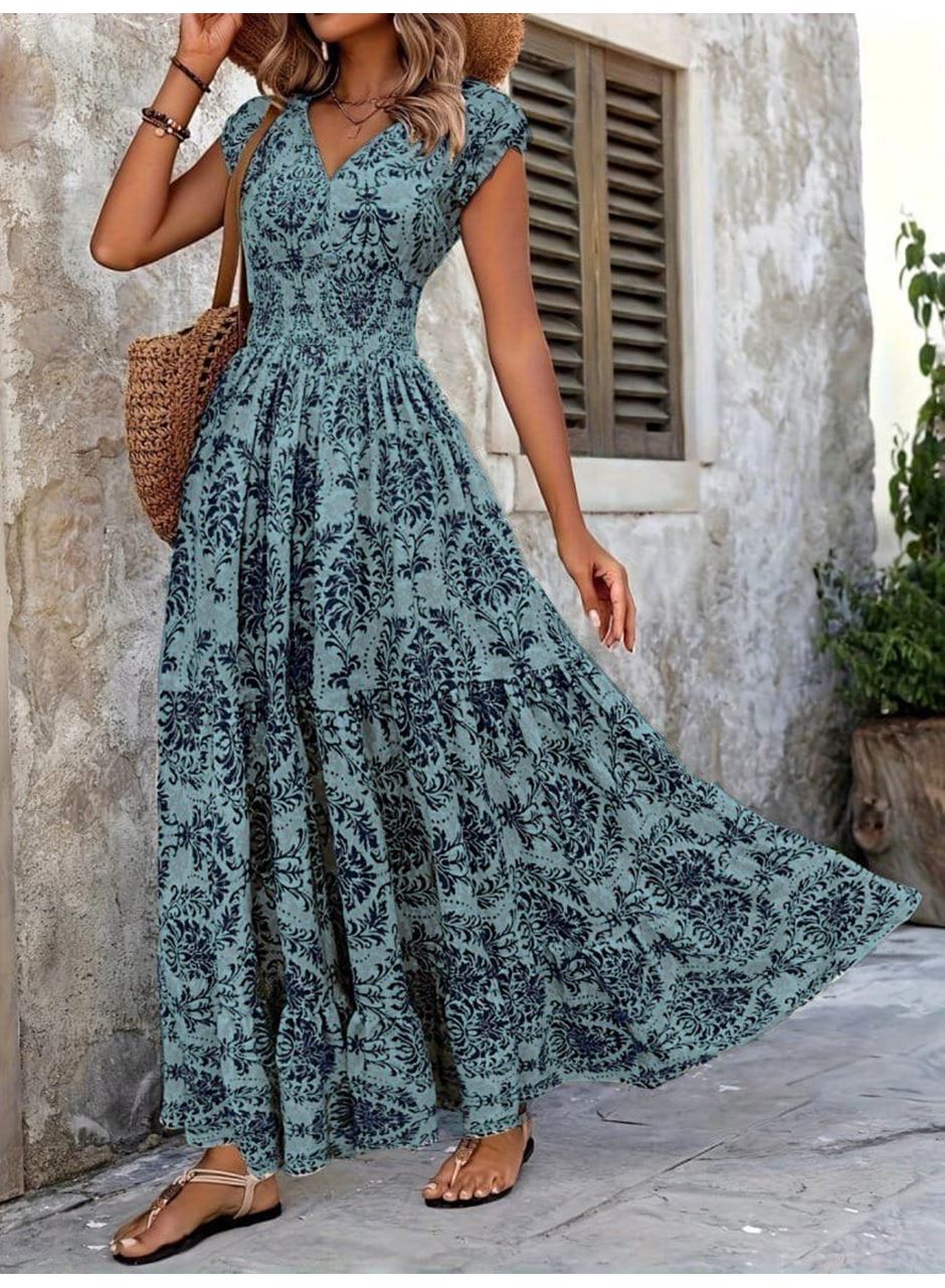 Kadın Kısa Kollu Kruvaze Yaka Beli Lastikli Süprem Maksi Boy Elbise