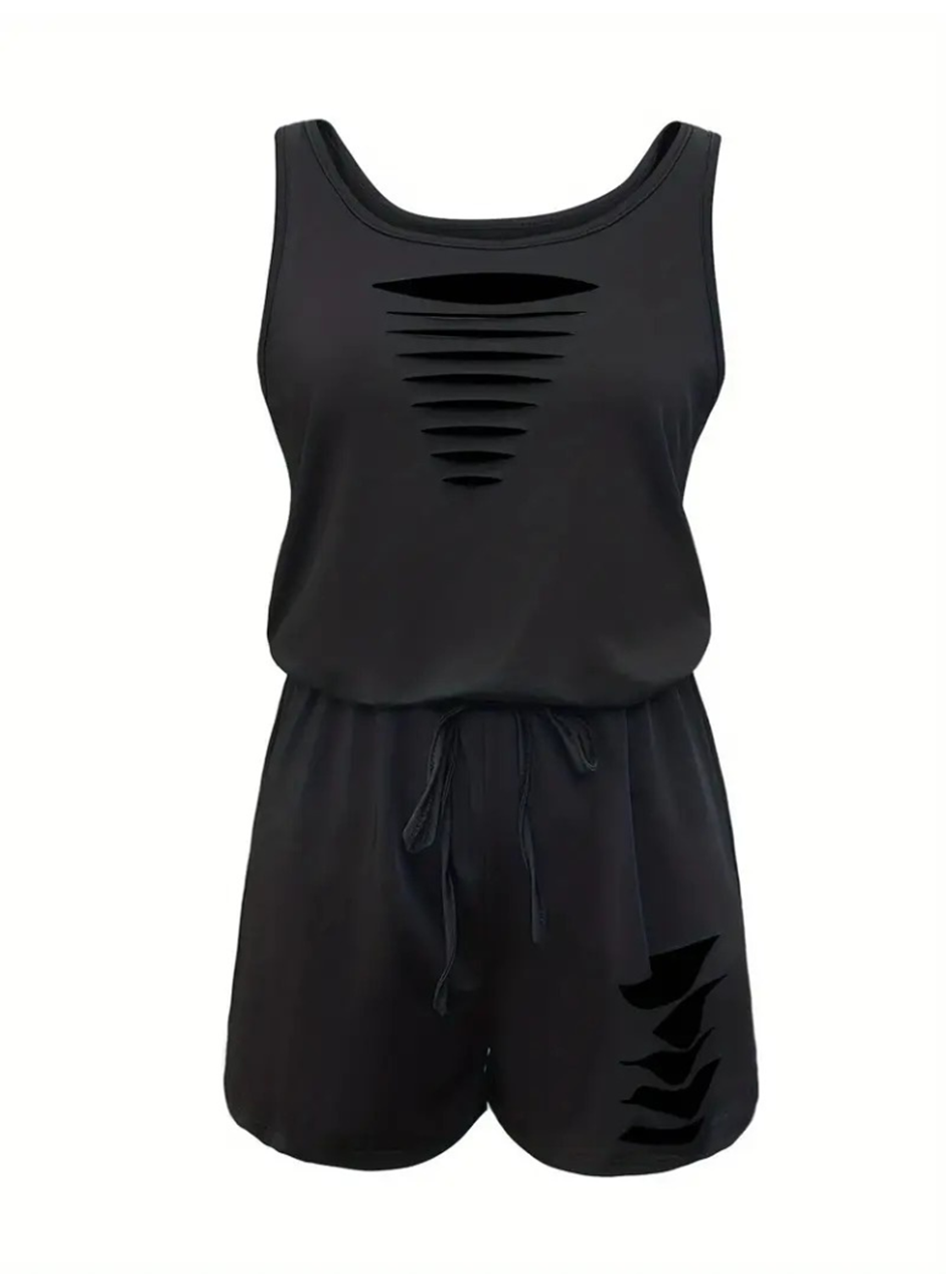 Kadın Askılı Yuvarlak Yaka Lazer Kesim Detaylı Bağcıklı Kısa Viskon Tulum