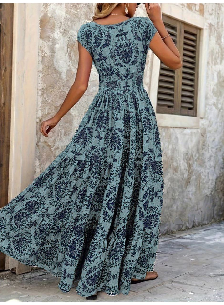 Kadın Kısa Kollu Kruvaze Yaka Beli Lastikli Süprem Maksi Boy Elbise