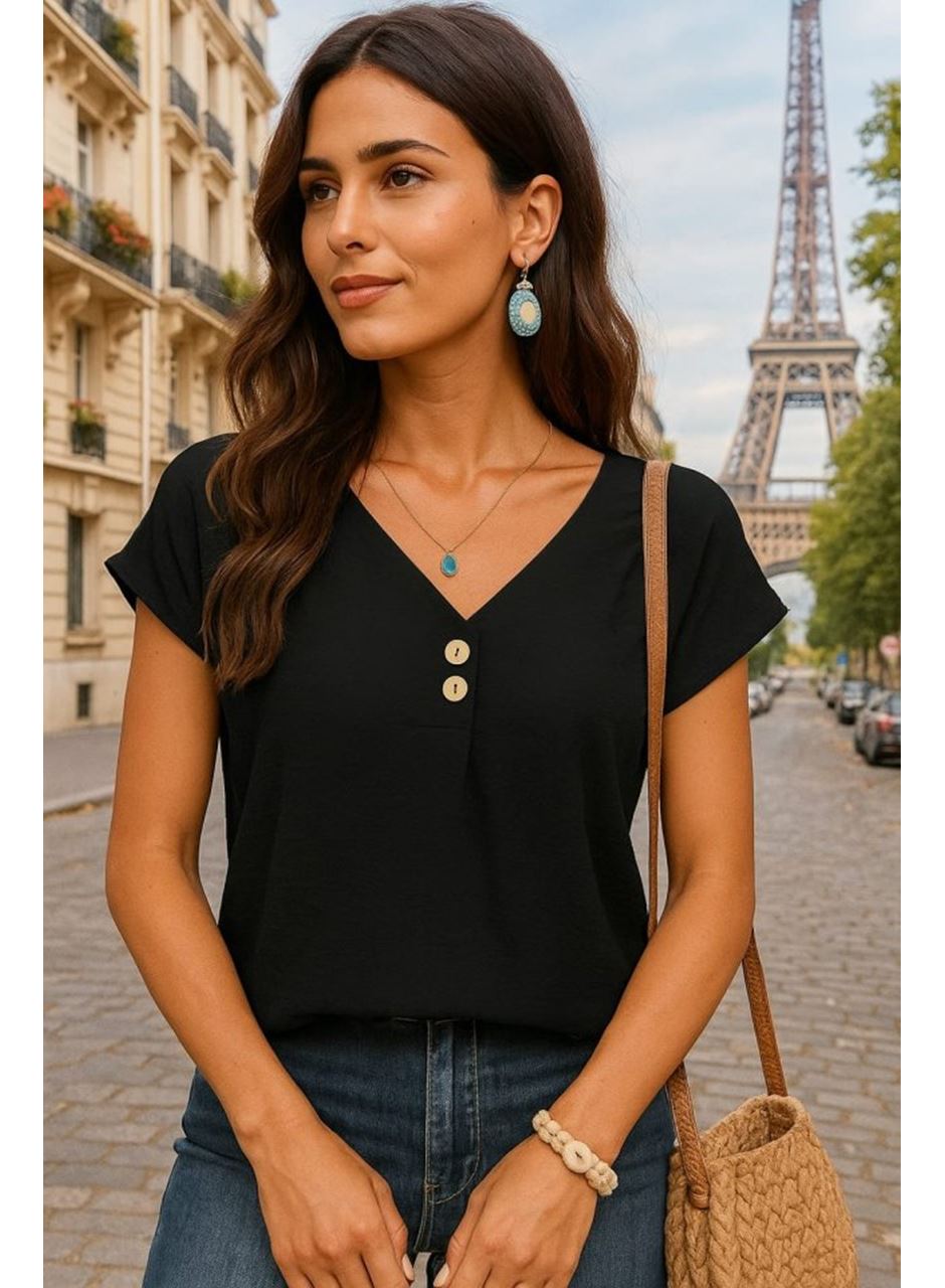 Kadın Kısa Kollu önü Düğmeli V Yaka Aerobin Bluz