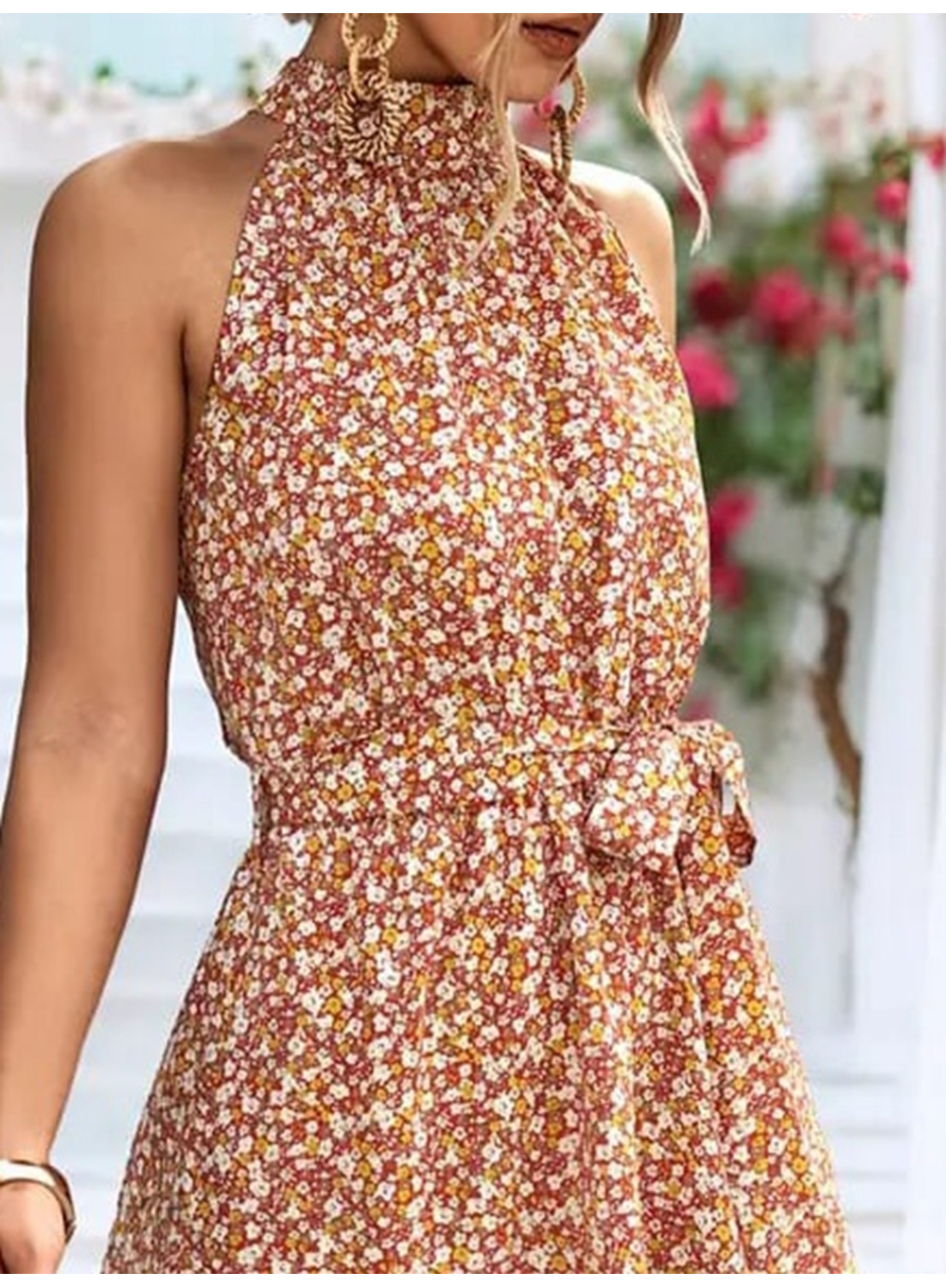 Kadın Eteği Volanlı Halter Yaka Süprem Elbise