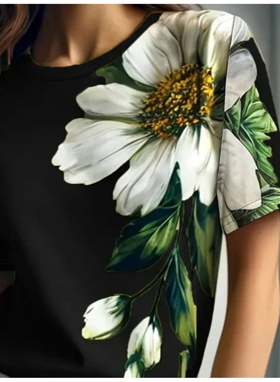 Kadın Kısa Kollu Bisiklet Yaka çiçek Baskılı Süprem Bluz