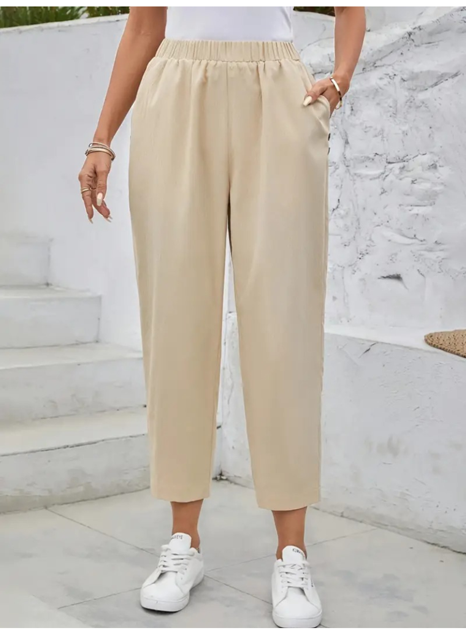 Kadın Yüksek Bel Yandan Cepli Düğme Detaylı Geniş Kesim Ithal Krep Pantolon