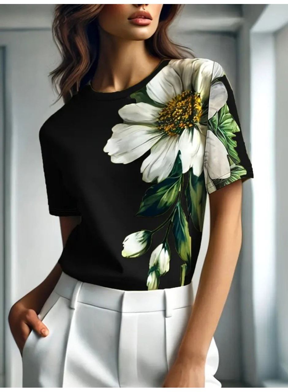 Kadın Kısa Kollu Bisiklet Yaka çiçek Baskılı Süprem Bluz